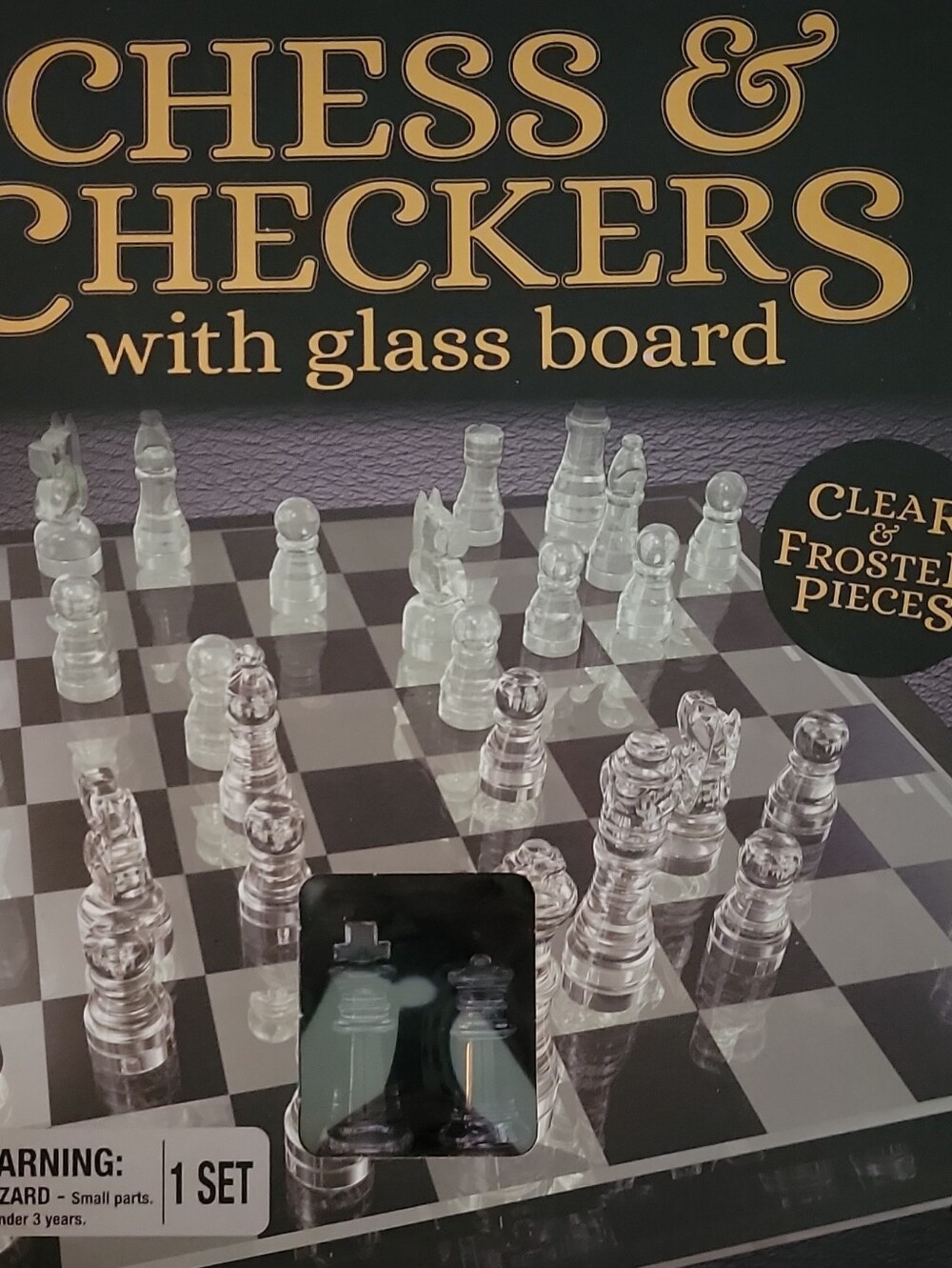 Chess & Checkers Glass Board Game with Clear and Frosted Pieces